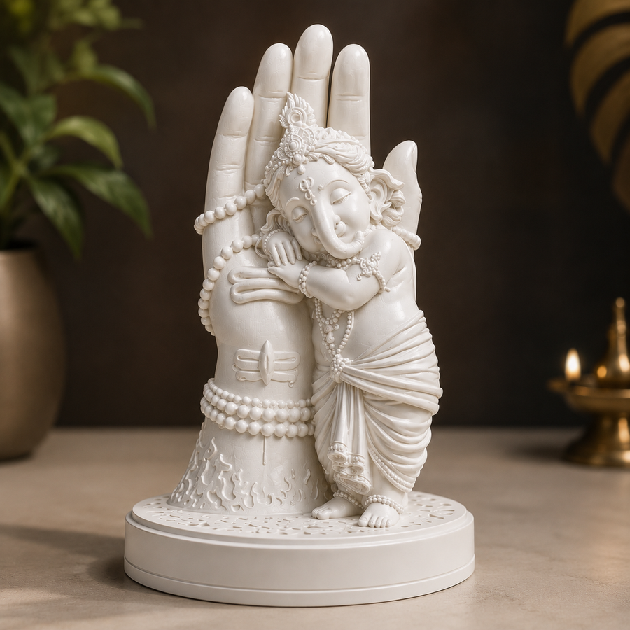 Divine Bal Ganesha Sleeping on Shivji’s Hand (White)