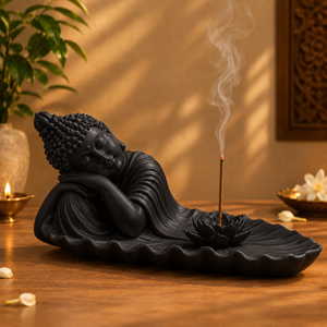 Reclining Buddha Incense Holder with Lotus in Black for Home Decor