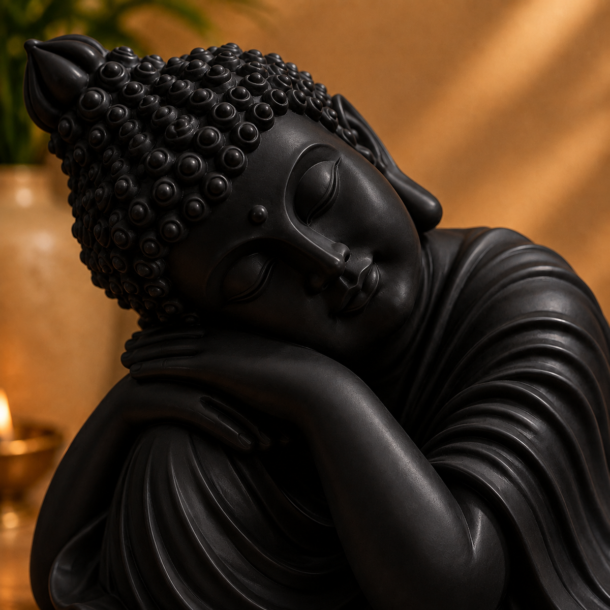 Reclining Buddha Incense Holder with Lotus in Black for Home Decor