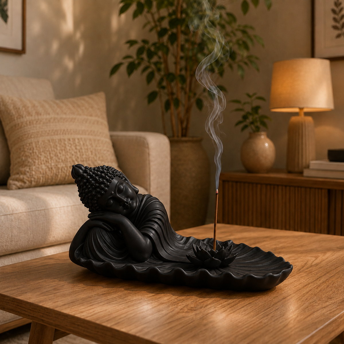 Reclining Buddha Incense Holder with Lotus in Black for Home Decor