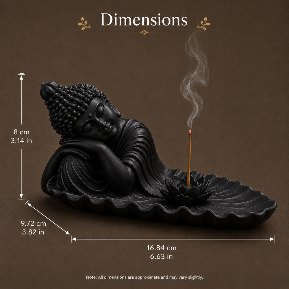 Reclining Buddha Incense Holder with Lotus in Black for Home Decor