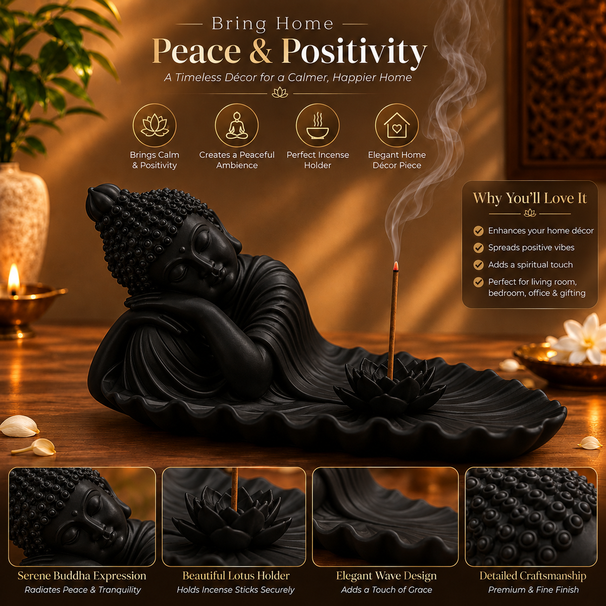 Reclining Buddha Incense Holder with Lotus in Black for Home Decor
