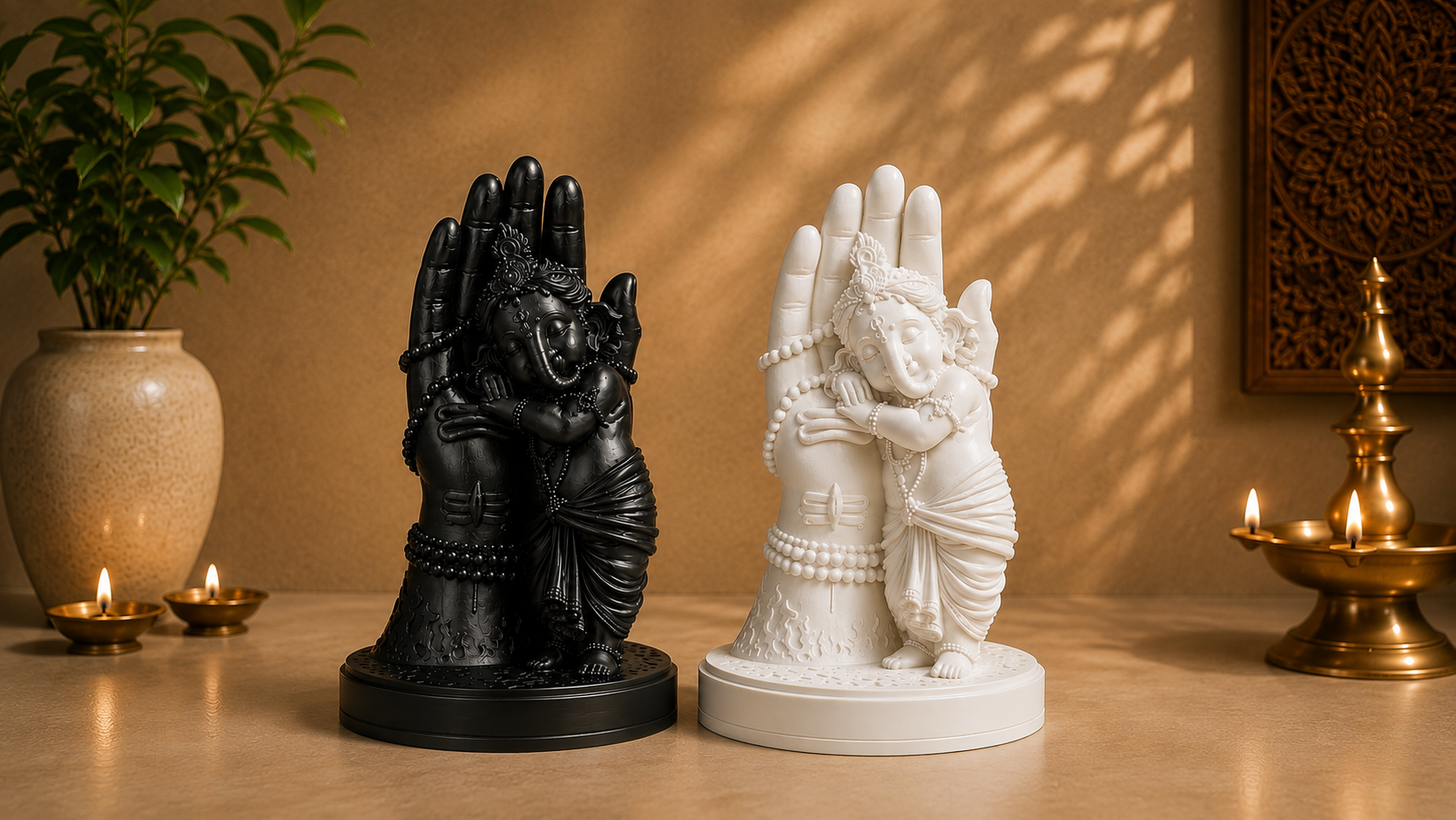Black and White Bal Ganesha Sleeping on Shivji’s Hand Statue