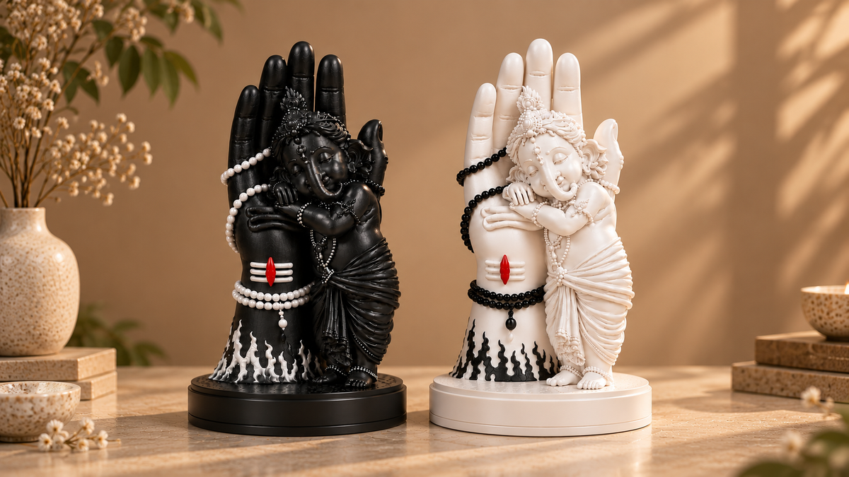 Black and White Bal Ganesha Sleeping on Shivji’s Hand Statue