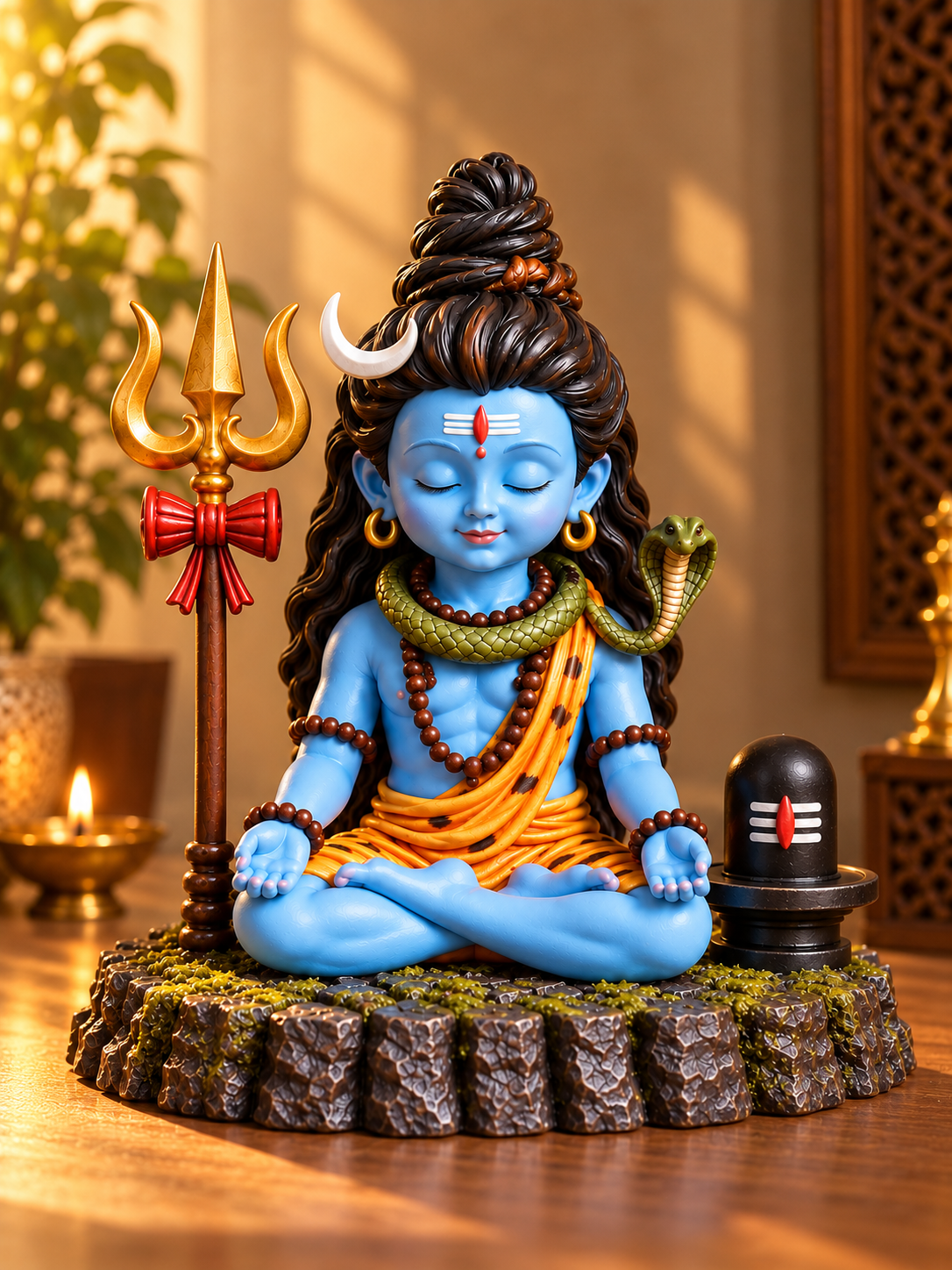 Divine Bal Shiva Meditation Statue with Trishul & Shivling (Multicolor)