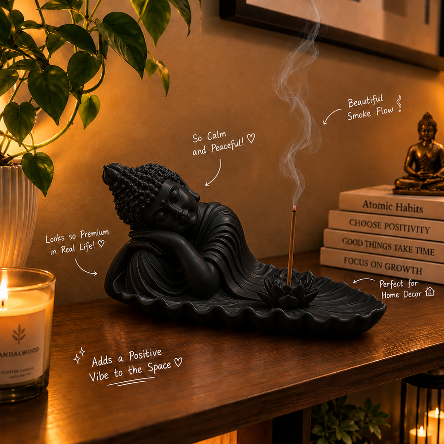 Reclining Buddha Incense Holder with Lotus in Black for Home Decor