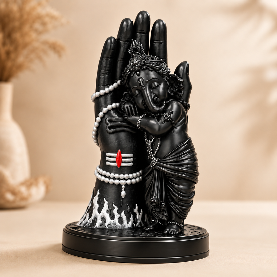 Divine Bal Ganesha Sleeping on Shivji’s Hand (Black with White Detailing)