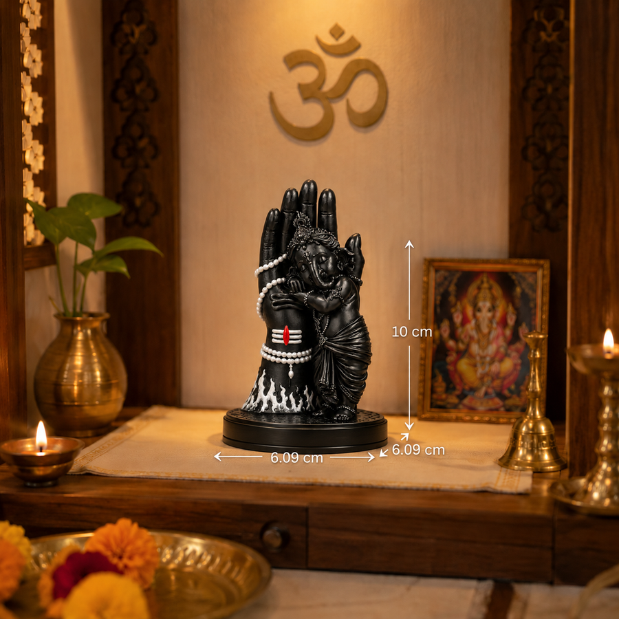 Divine Bal Ganesha Sleeping on Shivji’s Hand (Black with White Detailing)