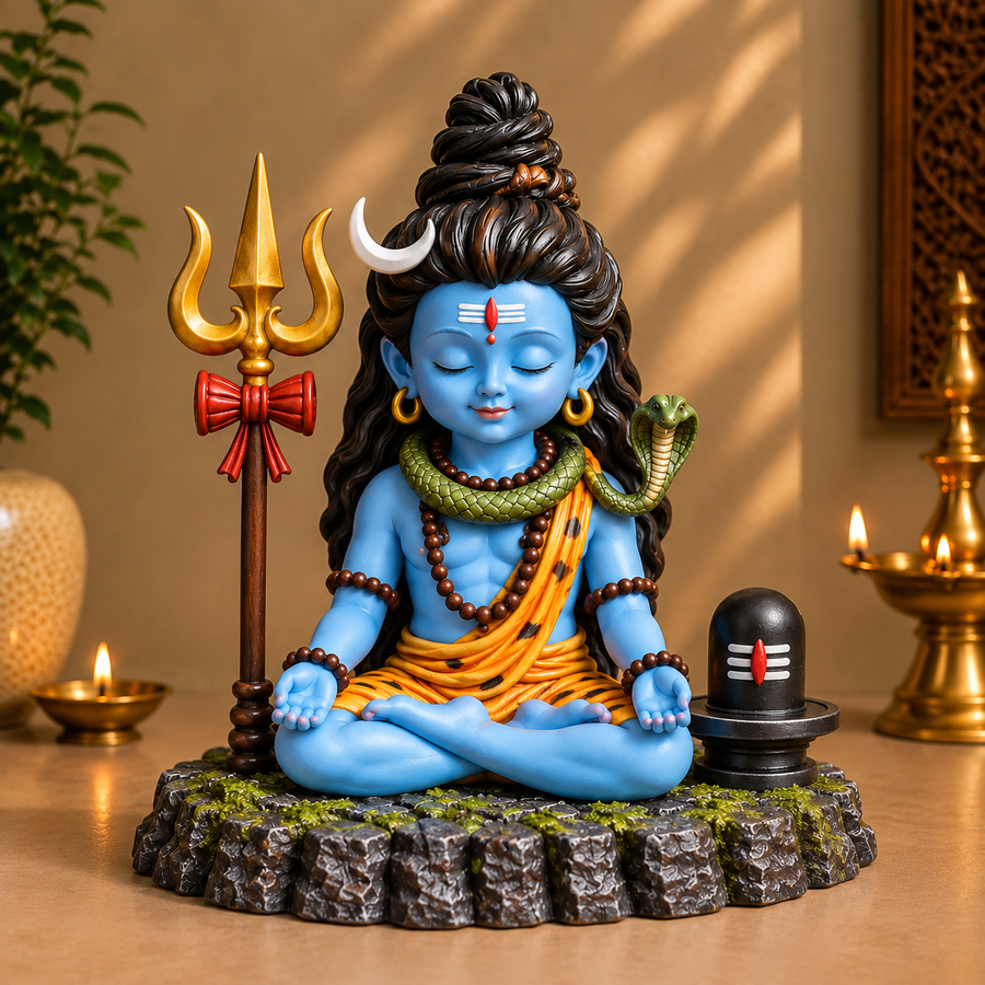 Divine Bal Shiva Meditation Statue with Trishul & Shivling (Multicolor)