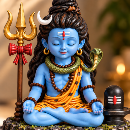 Divine Bal Shiva Meditation Statue with Trishul & Shivling (Multicolor)