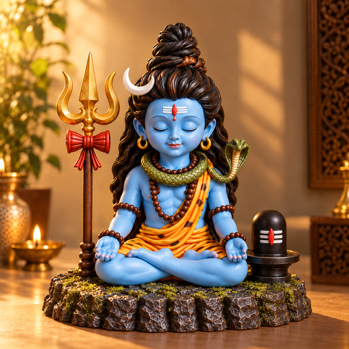 Divine Bal Shiva Meditation Statue with Trishul & Shivling (Multicolor)