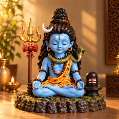 Divine Bal Shiva Meditation Statue with Trishul & Shivling (Multicolor)