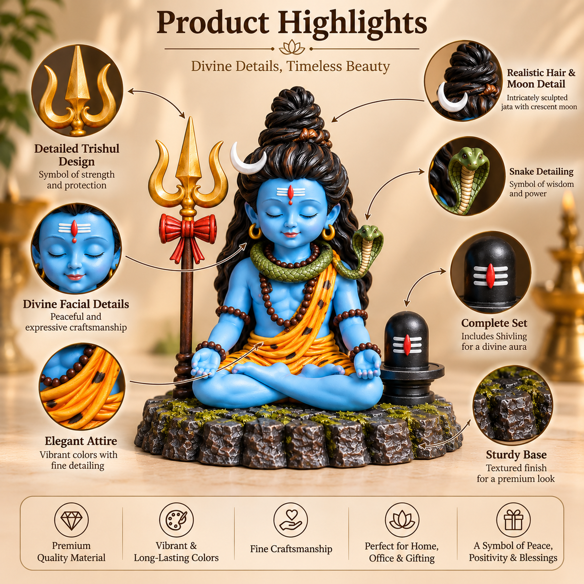 Divine Bal Shiva Meditation Statue with Trishul & Shivling (Multicolor)