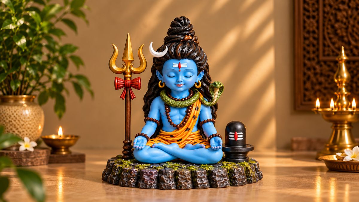 Divine Bal Shiva Meditation Statue with Trishul & Shivling (Multicolor)