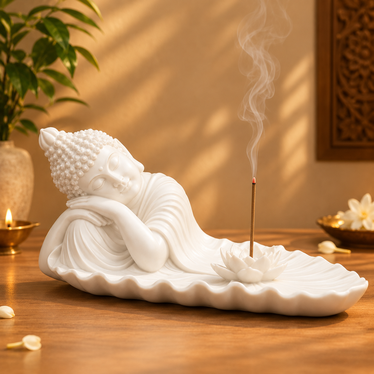 Reclining Buddha Incense Holder with Lotus in White for Home Decor