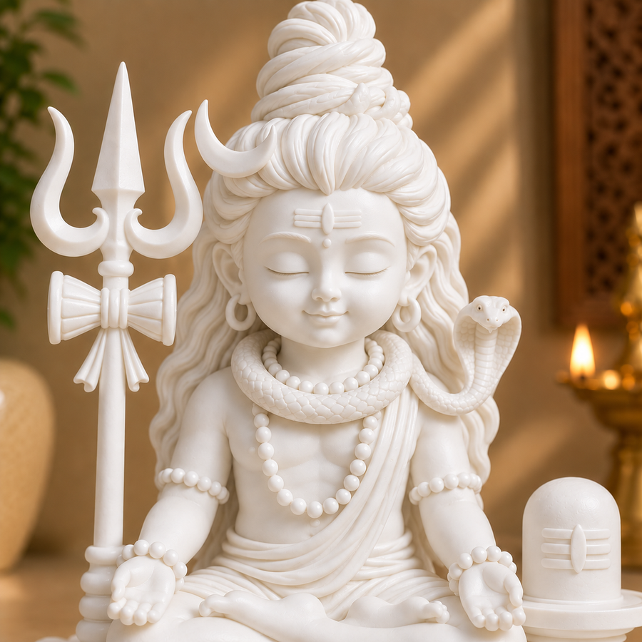 Divine Bal Shiva Meditation Statue with Trishul & Shivling (White)