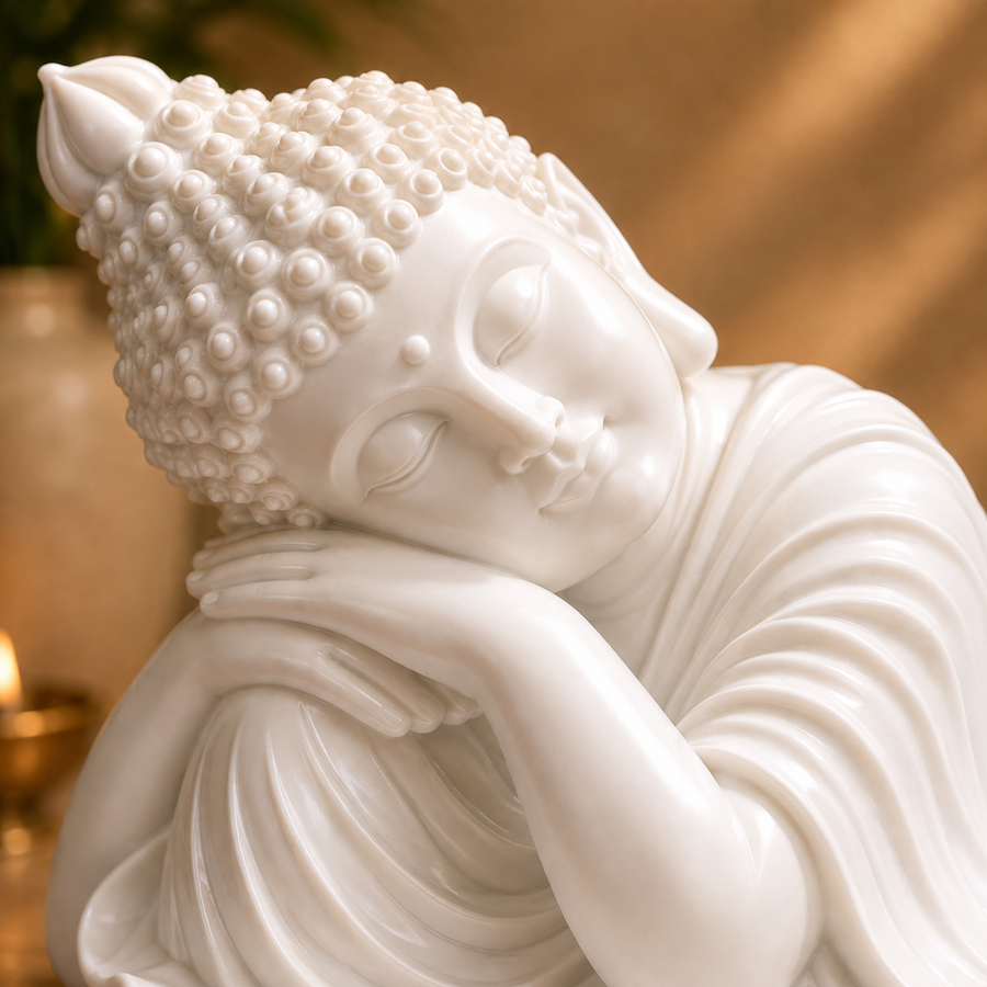 Reclining Buddha Incense Holder with Lotus in White for Home Decor