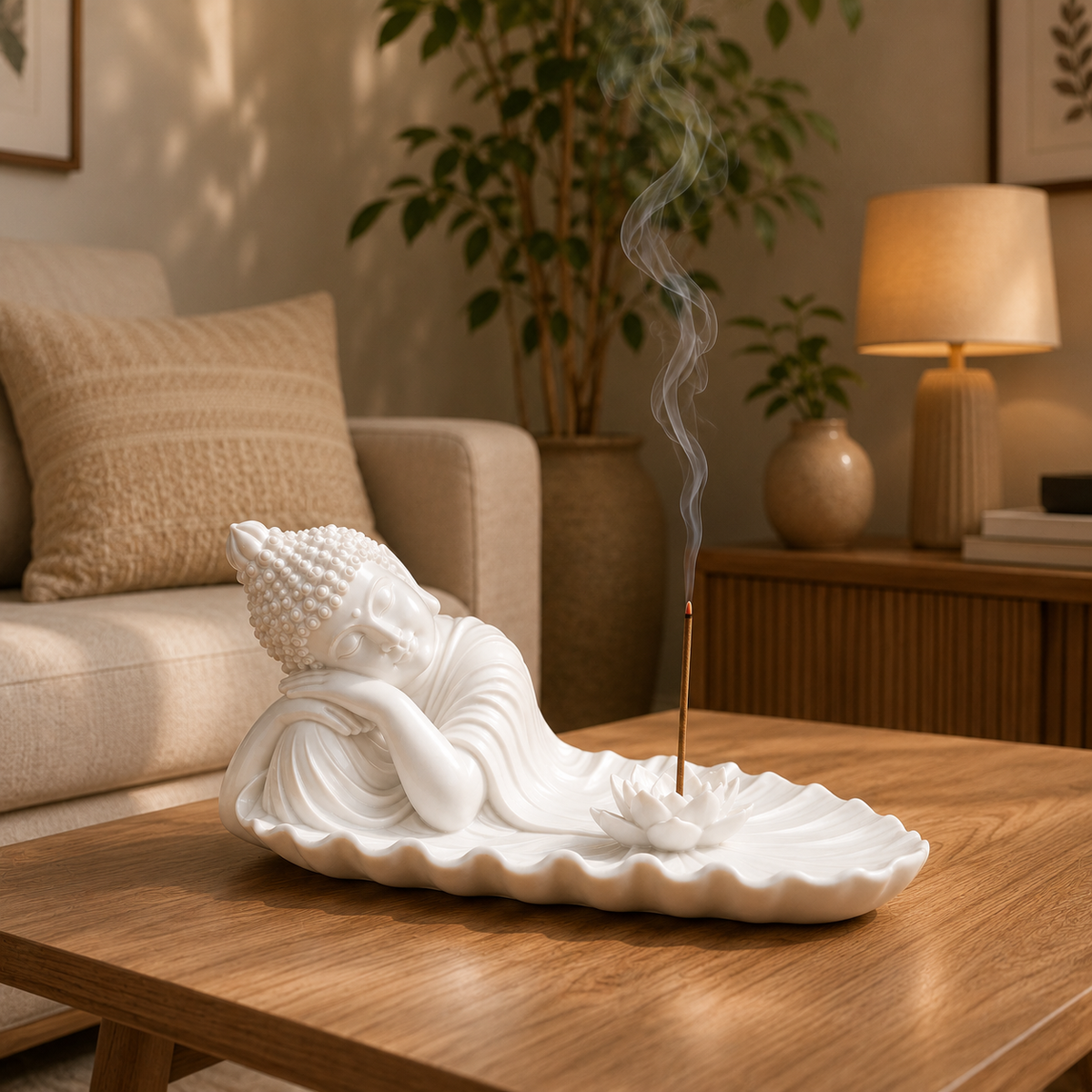 Reclining Buddha Incense Holder with Lotus in White for Home Decor