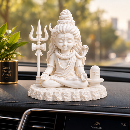 Divine Bal Shiva Meditation Statue with Trishul & Shivling (White)