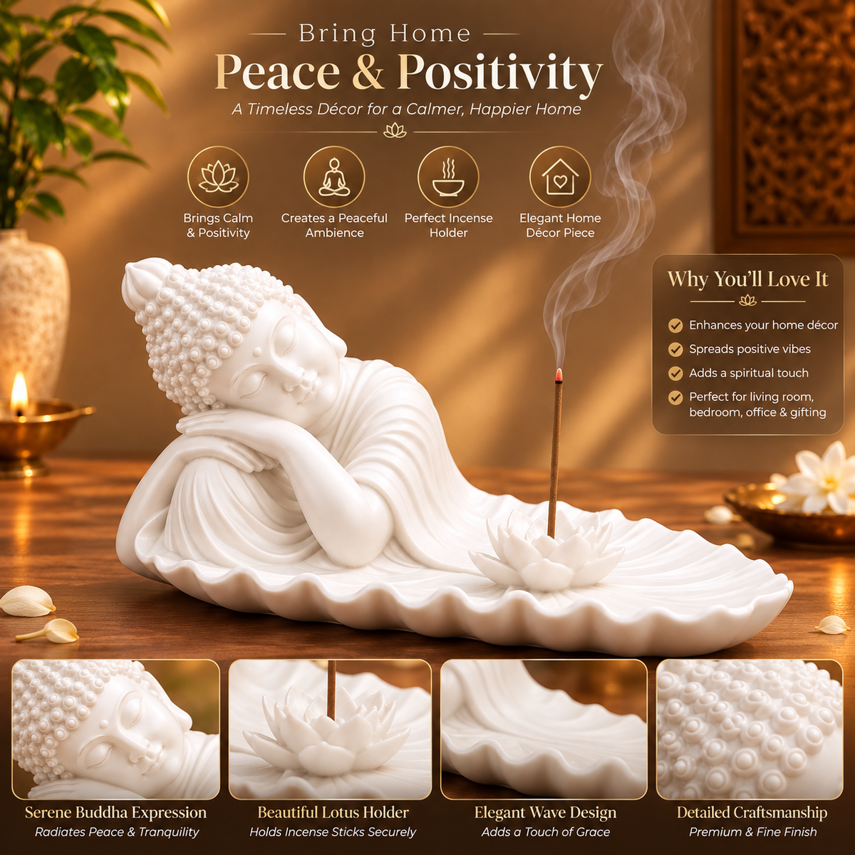 Reclining Buddha Incense Holder with Lotus in White for Home Decor