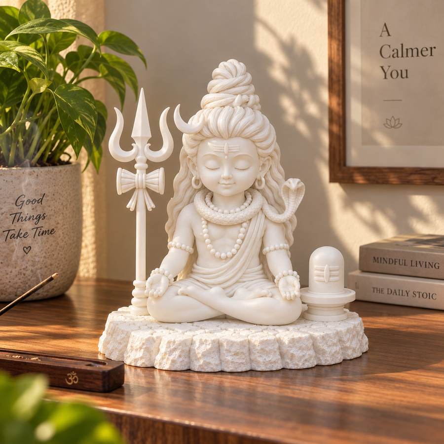 Divine Bal Shiva Meditation Statue with Trishul & Shivling (White)