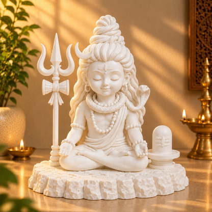 Divine Bal Shiva Meditation Statue with Trishul & Shivling (White)