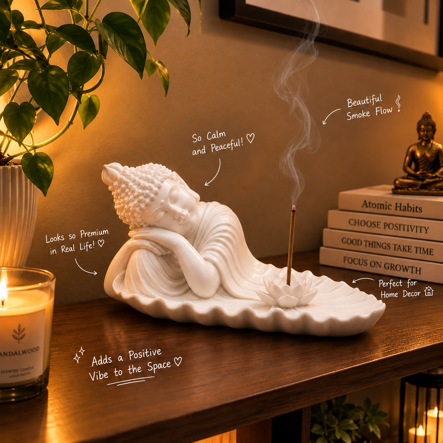 Reclining Buddha Incense Holder with Lotus in White for Home Decor