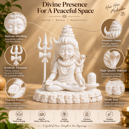 Divine Bal Shiva Meditation Statue with Trishul & Shivling (White)