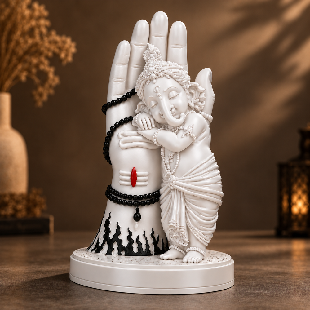 Divine Bal Ganesha Sleeping on Shivji’s Hand (White with Black Detailing)
