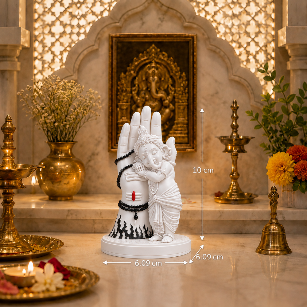 Divine Bal Ganesha Sleeping on Shivji’s Hand (White with Black Detailing)