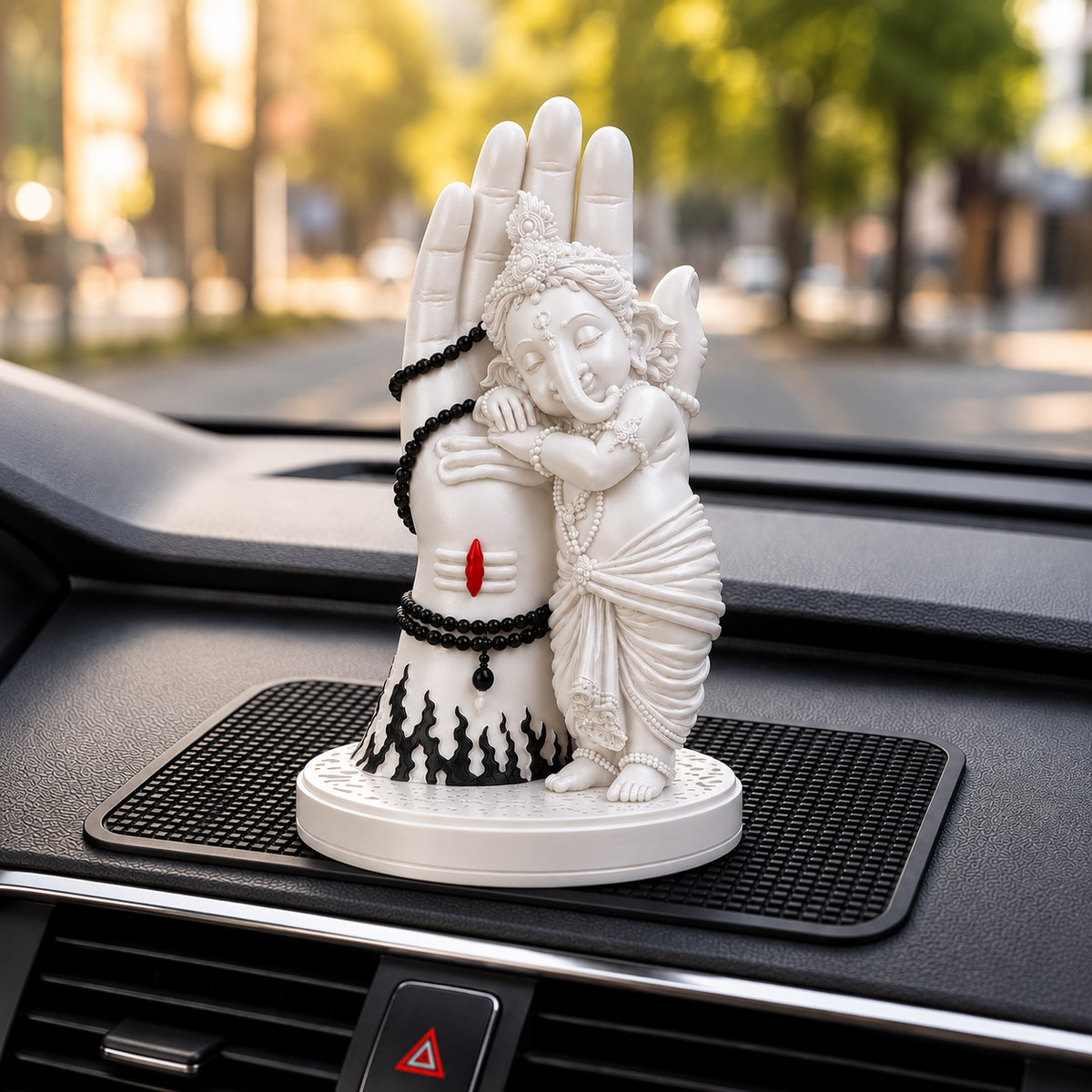 Divine Bal Ganesha Sleeping on Shivji’s Hand (White with Black Detailing)