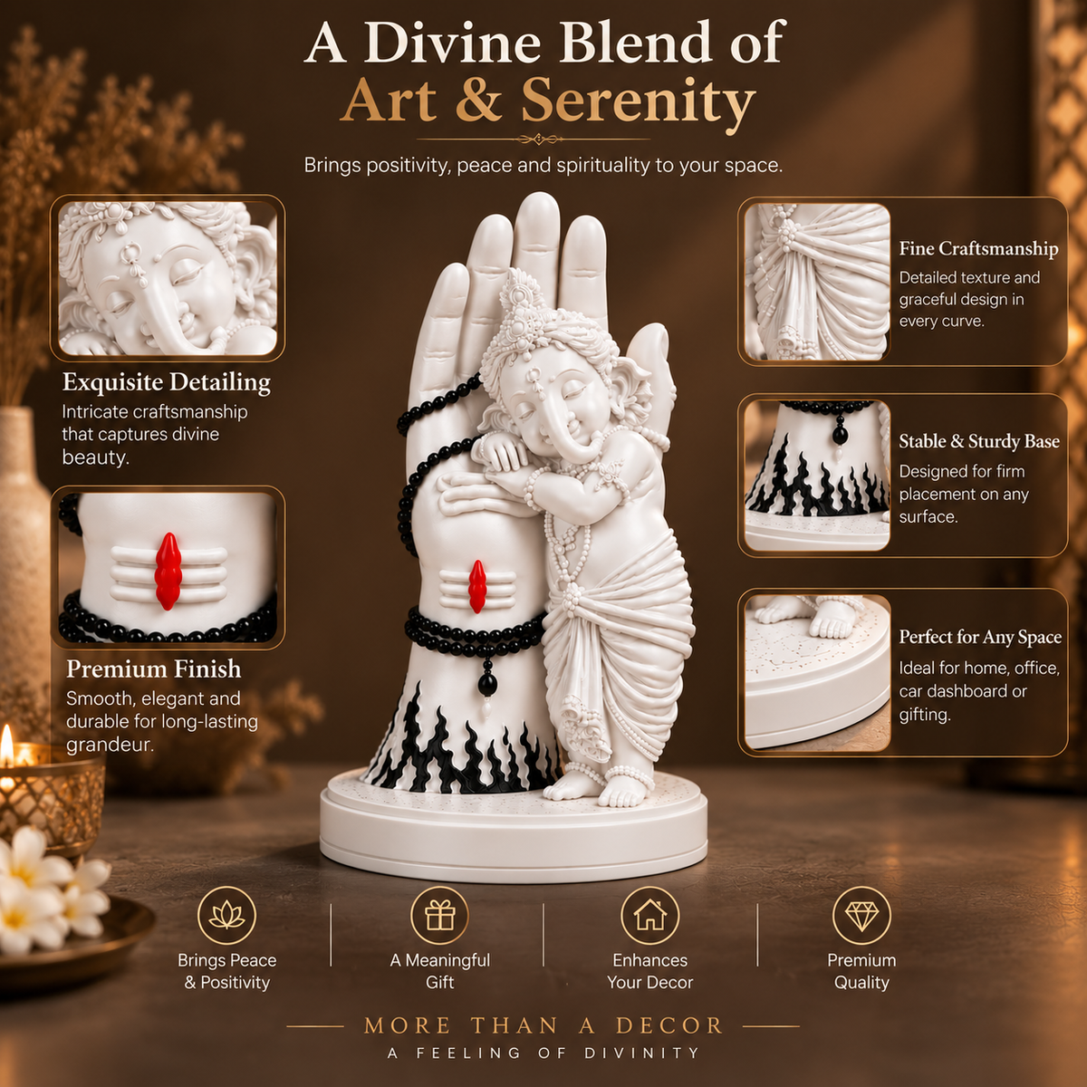 Divine Bal Ganesha Sleeping on Shivji’s Hand (White with Black Detailing)